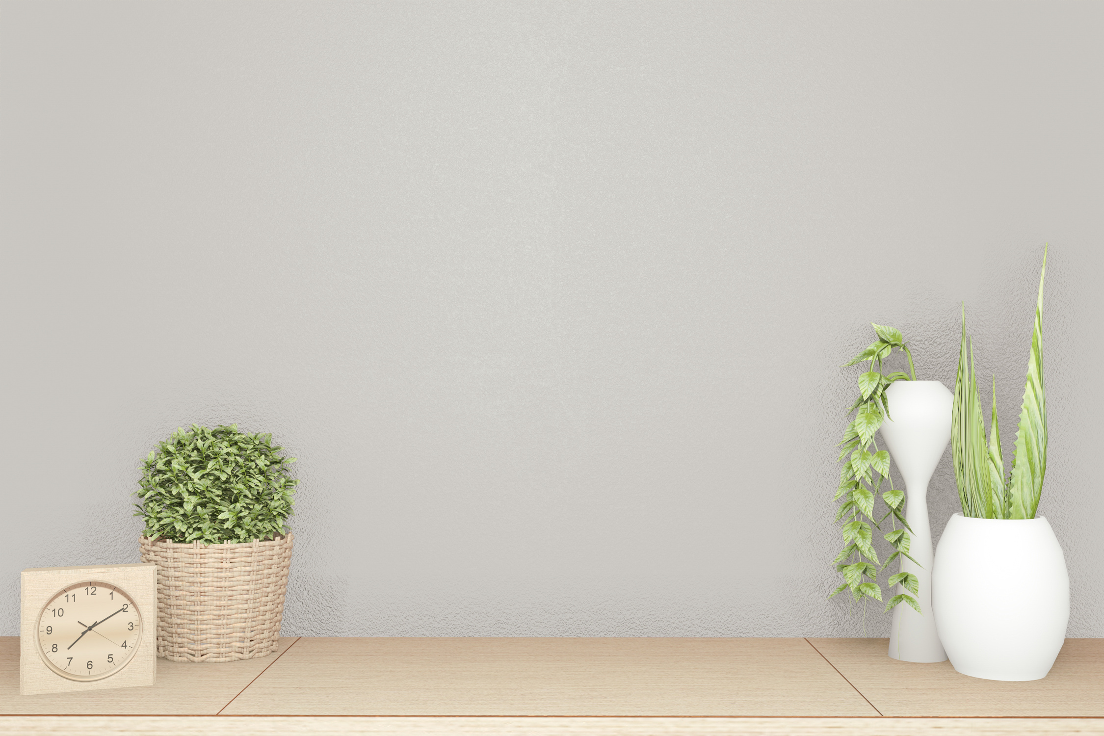 Table with Plants and Clock Gray Background